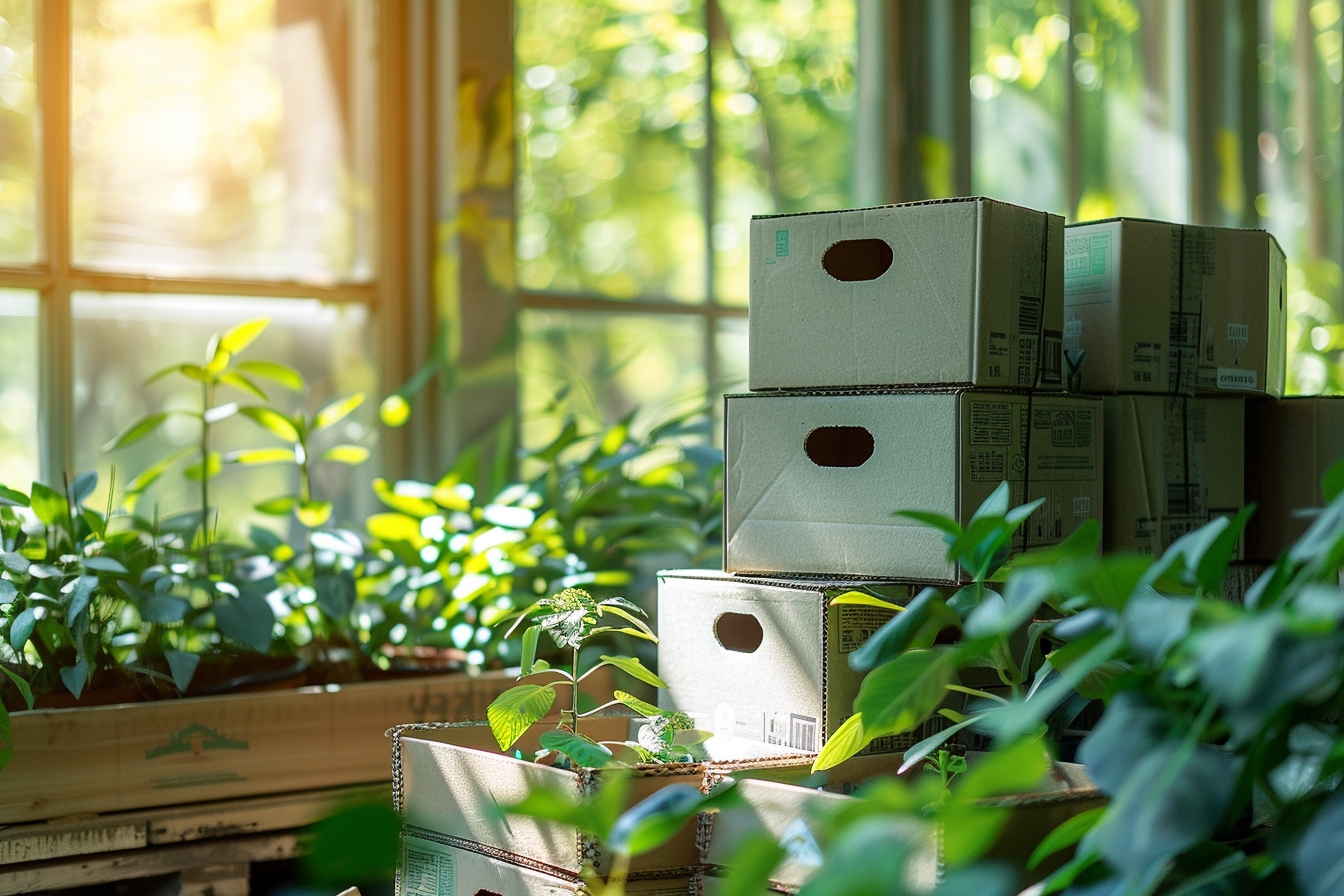 Déménageurs utilisant des bacs réutilisables pour un déménagement sans carton à Reims, illustrant une méthode écologique de déplacement.