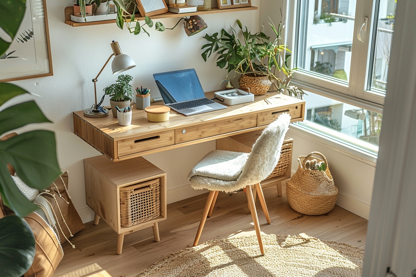 Bureau compact et stylé aménagé dans un coin fonctionnel d'un petit appartement