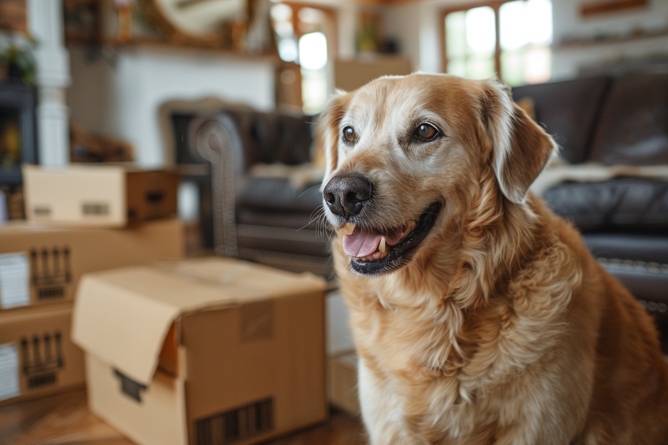 Chien senior heureux explorant son nouveau domicile à Reims après un déménagement réussi
