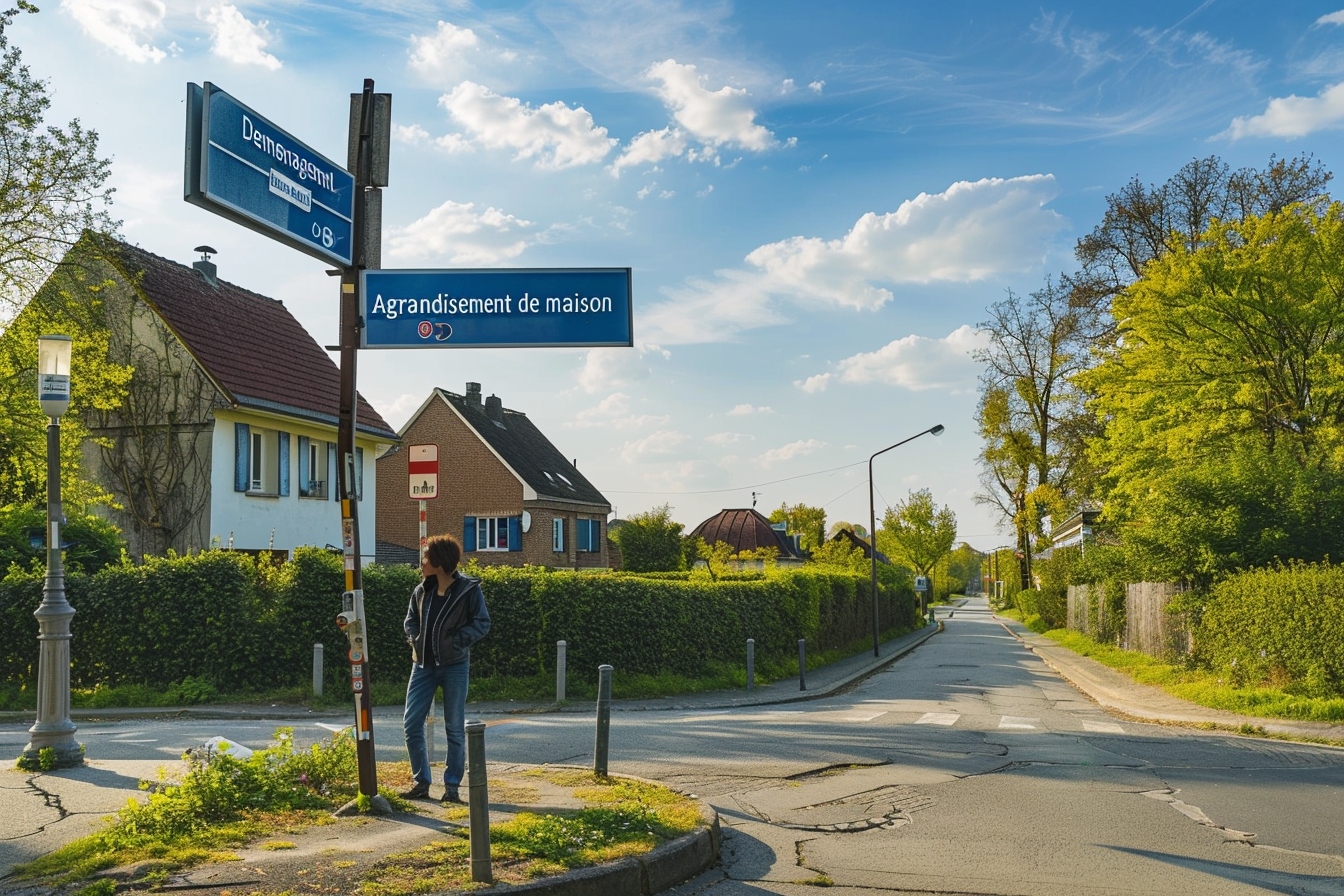 Comparaison entre déménager et agrandir sa maison à Reims illustrée par une image de maisons typiques de Reims avec des icônes de déménagement et de construction